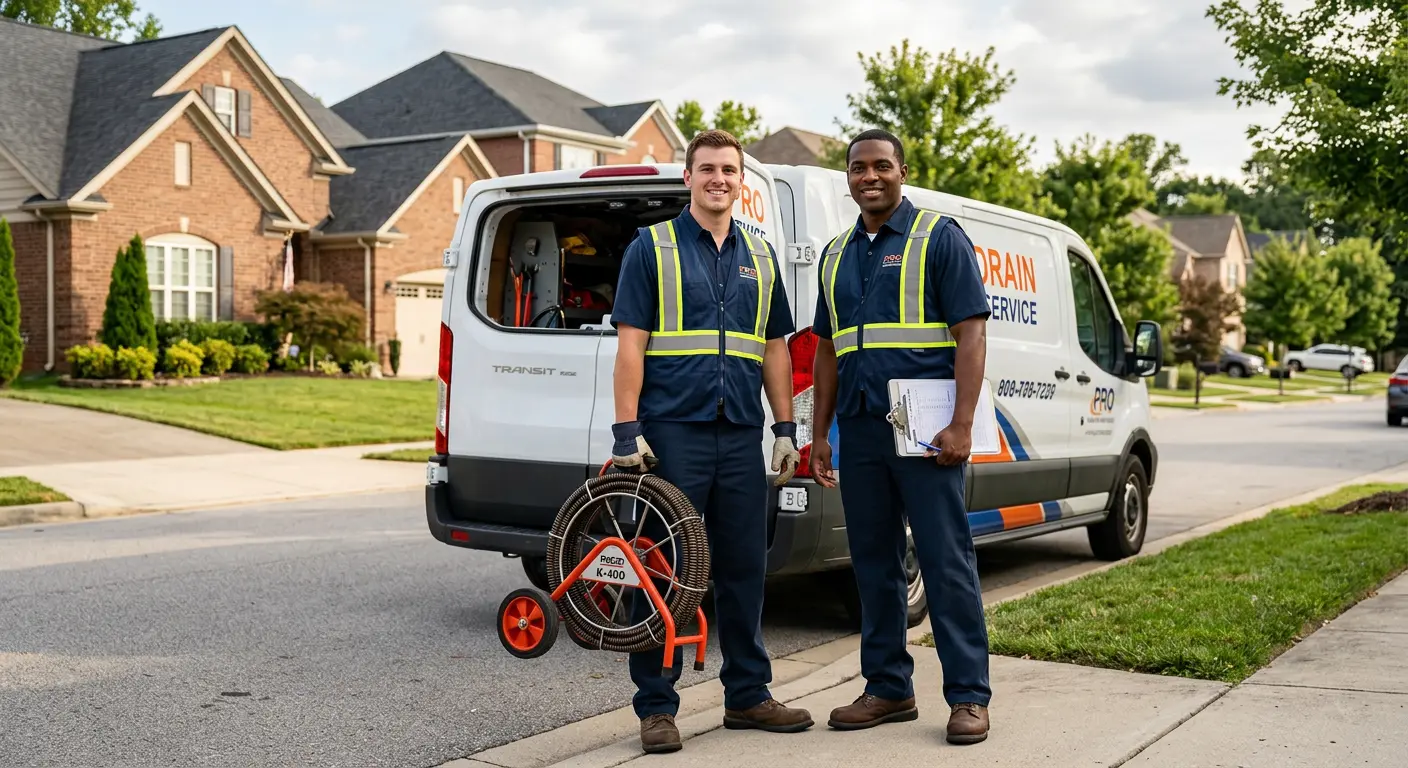 Sewer and drain service team with equipment ready for work in Harrisburg