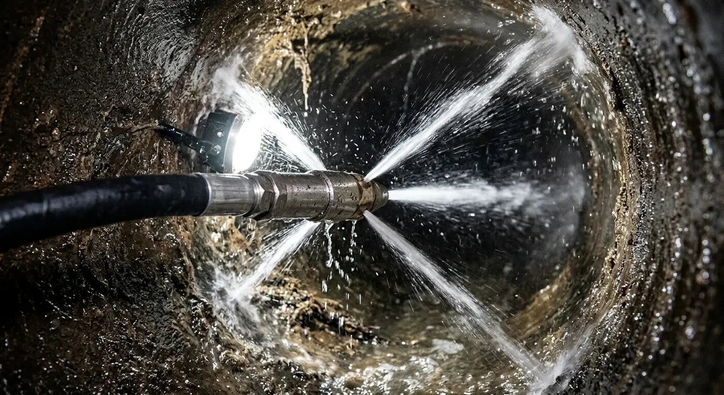 High-pressure hydro jetting nozzle cleaning sewer pipe for Emergency Drain Service in Harrisburg
