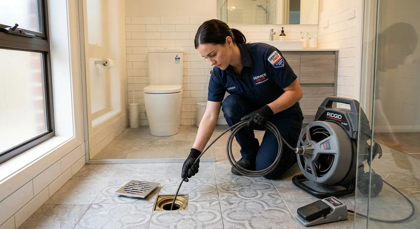 Technician clearing a bathroom floor drain for Sewer Line Replacement in Harrisburg